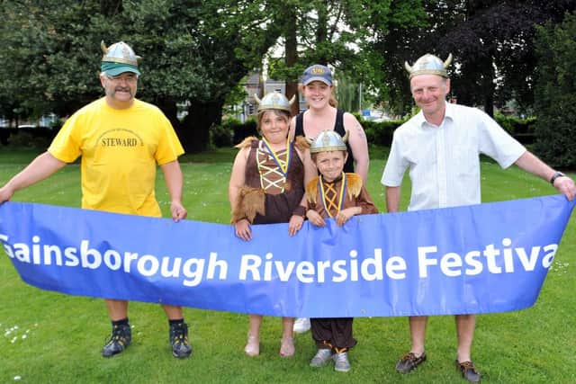 Gainsborough Riverside Festival King and Queen Riley Jackson-Parr, eight and Jessica Jackson-parr, nine with festival commitee members ,Tim Davies, Caz Davies and Gary Cooke ahead of this years event (w130604-1b)