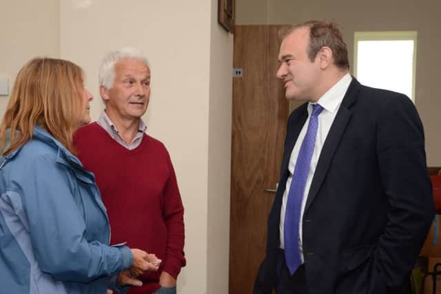 Secretary of State for Energy and Climate Change Edward Davey visited the Penny Hill Windfarm at Ulley and met local people in the village hall G130614-2b