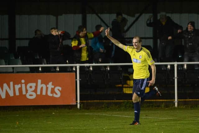 Worksop Town FC v Blyth Spartans. Pictured is Tom Denton goal (w121031-11d)