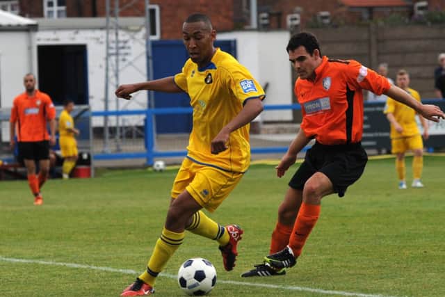 Gainsborough Trinity FC v Worksop Town FC. Pictured is Shane Clarke and Matt Young (w120806-3c)