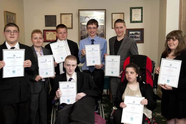 The Rotary Club of Bassetlaw 14th Annual Courage Awards held at Worksop Town Hall on Monday. Assistant Governor, Rotarian Michael Longdon and Vice Chairman of BDC, Councillor Gill Freeman presented the awards to the recipients (left to right); Darrell Cutter, Chris Brocklesby, Tom Blagg, Matthew Brain, Samuel Downs, Luke Matthews, Emily Lydon and Stephanie Ewen.