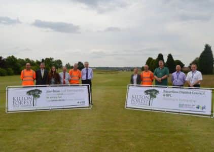 The opening of the new fourth tee at Kilton Forest. From left: Richard Briggs (head greenkeeper), Peter Clark, Rebecca Leigh, Ian Sime (Parks and Open Spaces), Andy Gregory (greenkeeper), John Foster (parks and open spaces), Julie Leigh, Mick Popple (green keeper), Dave Medlock (Parks and open spaces), Glyn Davies (BPL contracts manager), Rob Brooks (Kilton Forest Facility Manager)