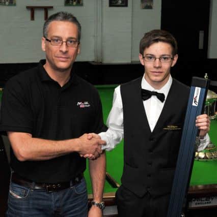 Ash Carty pictured at North Notts Arena with sponsor Neil Sandford of Cuecraft (w130704-4c)