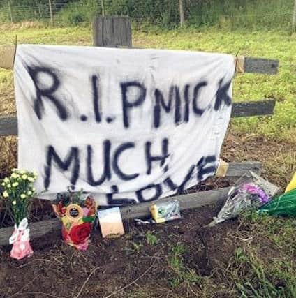 Tributes left at the roadside to 26-year-old motorcyclist Karl Micklethwaite, who died on Monday. Picture: Hannah Kate Sandland