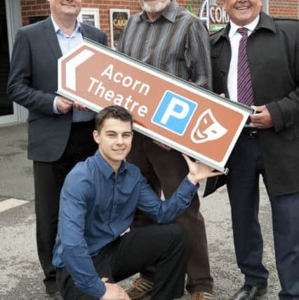 New signs directing theatre goers to the Acorn Theatre in Worksop were unveil on Friday. Roger Westwood chairman Acorn Theatre (centre) is pictured with (left to right): head of traffic URS, Gary Bridges; traffic engineer URS, Ricardo Vendone, and chairman of Transport and Highways, Cllr Kevin Greaves