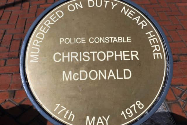 Plaque on Bridge Street, Worksop for PC Christopher McDonald