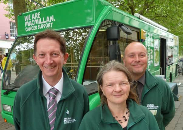 Michael Lockey, Debbie Smith and Geoff Greig with the Macmillan bus
