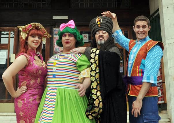 Launch of Aladdin at the Majestic Theatre, cast members Princess Jasmine: Holly Wathall, Widow Twankey: Chris Hayes, Abanazar: Chris Howard and Alladin Phil Atkinson (w131003-3c)
