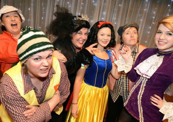 The Lindrick Players dress rehearsal for their production of Snow White and the Seven Dwarves, with Rebecca Turner as Snow White, Sarah Hemsall as Danny Dumpling, Prince Frederick played by Lydia Sharpe, Queen Caligula played by Sarah Edgar, and with Helene Sprowell as Bogwort and Helen Stephenson at Stinkwort.