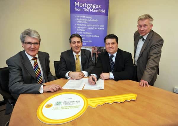 Signing the local authority mortgage scheme agreement are Bassetlaw District Council deputy leader Coun Griff Wynne, chief executive of Mansfield Building Society Gev Lynott, Notts Counyty Councillor Darren Langton and Bassetlaw District Council Cheif Executive Neil Taylor
