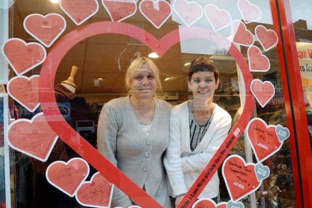 Valentines hearts at the British Heart Foundation shop in Worksop