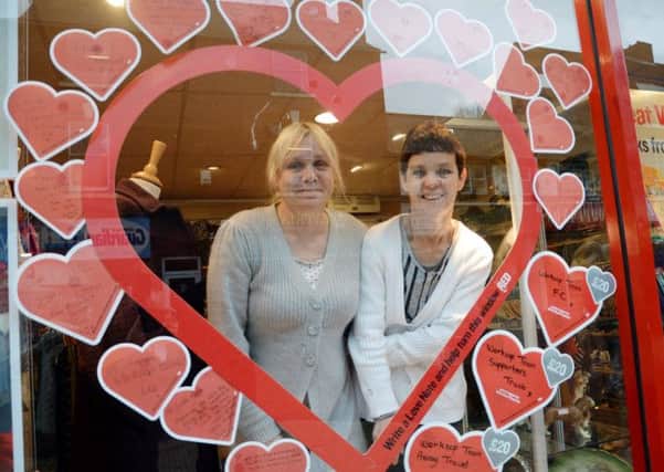 Valentines hearts at the British Heart Foundation shop in Worksop