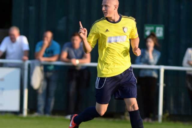 Worksop Town v Sheffield Wednesday XI. Chris Salt celebrates as he scores Tigers' goal G130808-1d