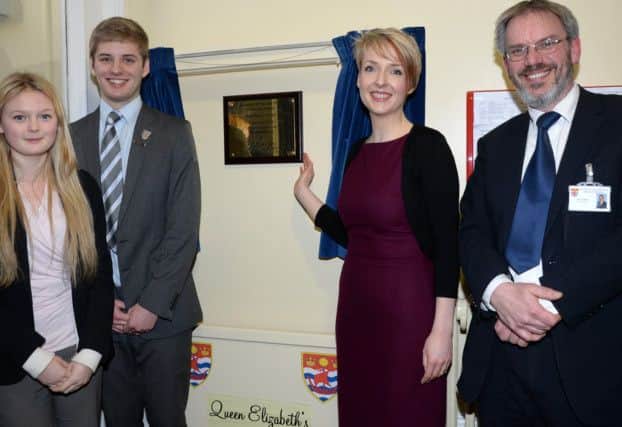 Former pupil Helen Allen opened the renovated College House at Queen Elizabeth's High School in Gainsborough. She is pictured with Headteacher David Allsop and students Leah Williams and William Holliday