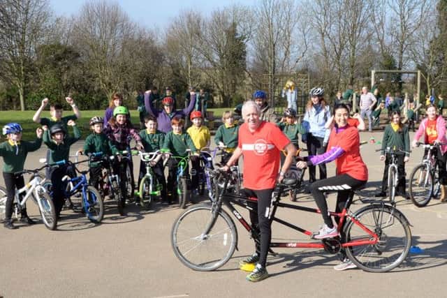 Look North presenters Harry Gration and Amy Garcia paid a visit to Anston Greenlands Junior and Infant School as part of their Sport Relief tandem Challenge