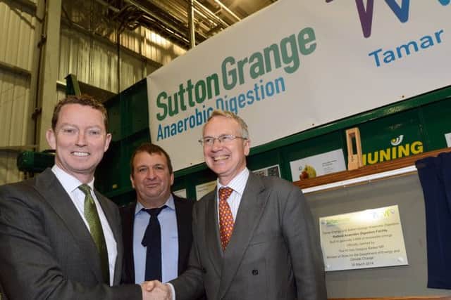 Tamar Energy's new AD plant officially opened at Sutton Grange, Sutton-cum-Lound.Greg Barker, left, Minister of State at the department of Energy and Climate Change, pictured with Tamar chairman, Alan Lovell, right, and Sutton Grange farmer, Fred Walter.