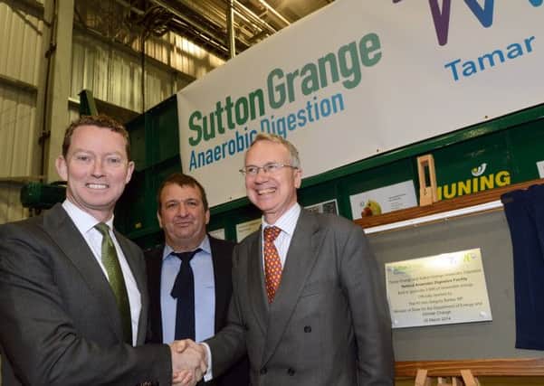 Tamar Energy's new AD plant officially opened at Sutton Grange, Sutton-cum-Lound.
Greg Barker, left, Minister of State at the department of Energy and Climate Change, pictured with Tamar chairman, Alan Lovell, right, and Sutton Grange farmer, Fred Walter.