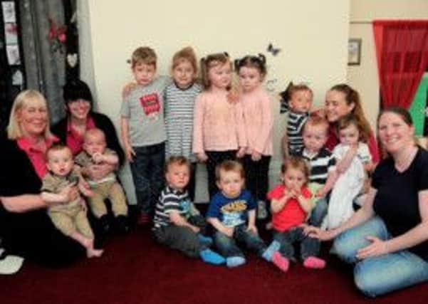The Hall Nursery in North Anston has six sets of twins who attend. Pictured with staff members Jayne Fitzgerald,  Kimberley Marriott,
Haylie Churhard. and  Maddy Oldale are Harrison & Charlie Holmes (11 months), Senna & Xander Cawthorne (20 months), Francesca & Jashua Oldale  (19 months),  Henry & Heidi Marks  (20 months)  Ben & Evie Woodhead (four), Ami & Mia Peacock (three). Pic by Barrie Codling
