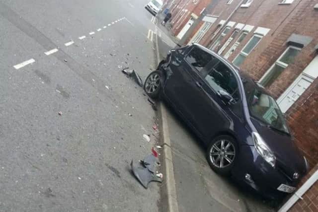 A reader's picture of one of the cars involved in the accident on Gladstone Street, A man has since been charged with drink driving