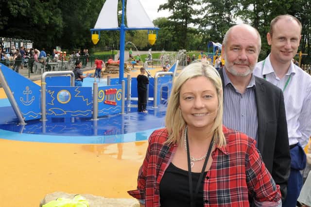 (l-r) Julie Foye, Park Admin Officer, David Linley, Parks and Open Spaces Manager and John Foster, Park Development Officer infront of the newly opened splash pool at Longold Country Park at the family fun day. Picture: Andrew Roe