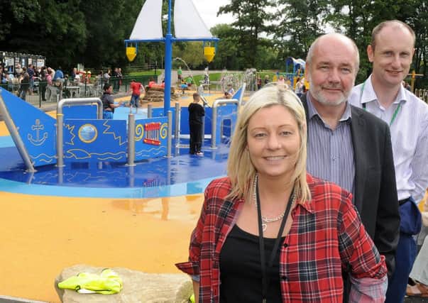 (l-r) Julie Foye, Park Admin Officer, David Linley, Parks and Open Spaces Manager and John Foster, Park Development Officer infront of the newly opened splash pool at Longold Country Park at the family fun day. Picture: Andrew Roe
