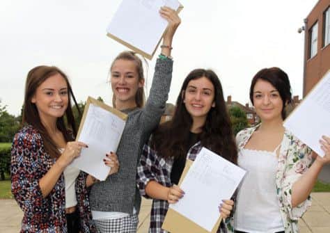 A-Level results day at Outwood Post 16 Centre Worksop. Pictured are Lauren Hugill, Leanne Fotheringham, Emily Davies, and Chelsea Stamp.