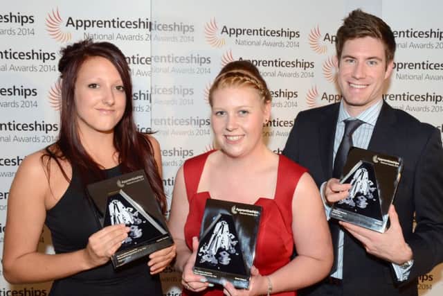 National Apprenticeship Awards 2014 East Midlands : Nottinghamshire Winners - L-R Isabelle Pearson (Intermediate Level Apprentice), Emma Roberts (Higher Apprentice) and Adam Walker of Dental 22 (Small Employer).
