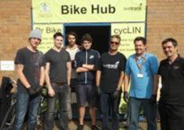 Taking part in the charity ride are (from left): Ryan, Chris, Dale and Andy with Trevor Marsh from Sustrans, David Spivey from Framework and Kevin Fleming from The Bike Club