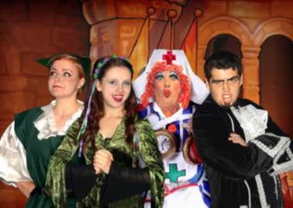 Leading the cast for Robin Hood  and the Babes in the Wood at Worksop are (from left):  Louise Stuart (Robin Hood), Darcie Watkinson (Maid Marion), David Cavell (Nurse Nelly) and Jack Charlesworth(Sheriff of Nottingham)