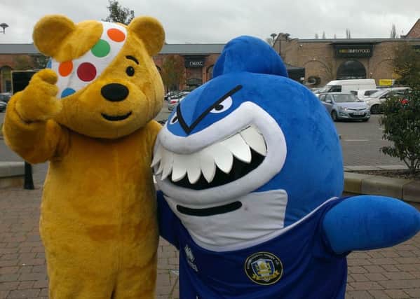 Pudsey Bear and Gainsborough Trinity mascot Fergal Sharky