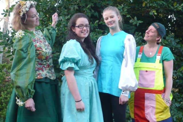 Lindsay Ashmore as Fairy Greenbean; Rachel Bricklebank as Alice; Ellie Ashmore as Jack and Rachel Coop-Bassett as Simple Simon in Jack and the Beanstalk in Dronfield