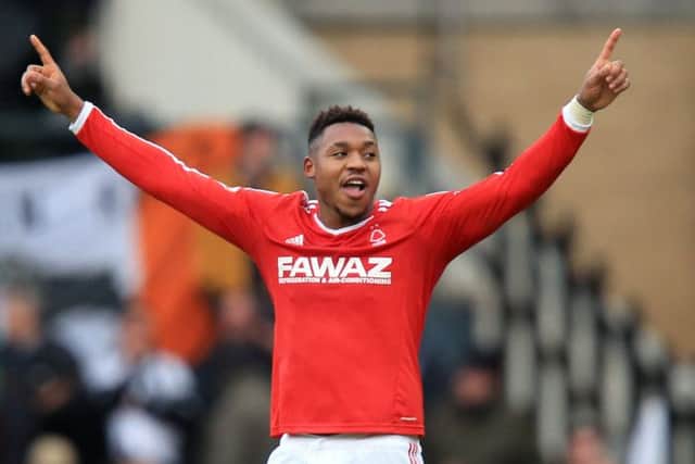 Nottingham Forest's Britt Assombalonga celebrates during the Sky Bet Championship match at the iPro Stadium, Derby.