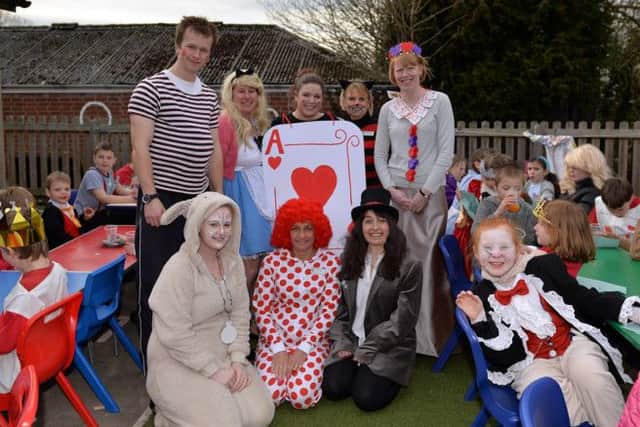 World Book Day celebrations at Willoughton Primary School, the whole school dressed as characters from Alice In Wonderland