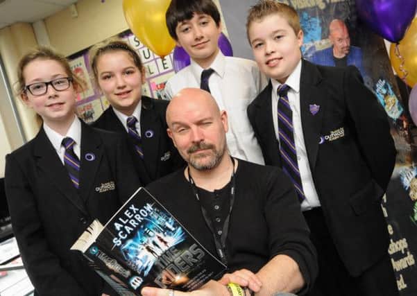 Alex Scarrow, author of Time Riders visits Outwood Academy Valley for a number of reading workshops. Pictured here with students l-r Abigail Short 12, Katie Holloway 11, Jack Yates 12 and Niall Goy 12.