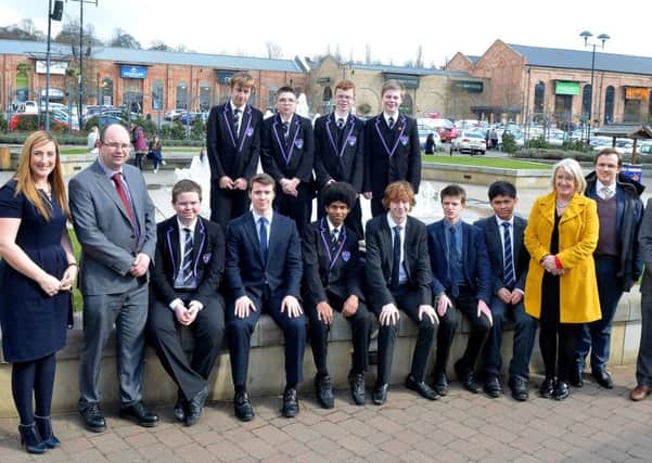Alison Hall with Chris Savoury from Gainsborough Academy, Lesley Rollings also from the Academy, Nigel Dawson from QEHS and Gavin Ward with the pupils who visited Marshalls Yard.
