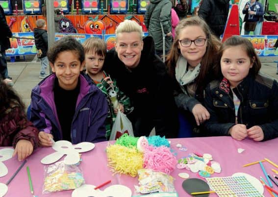 Marshalls Yard shopping precinct at Gainsborough hosted a variety of Easter events. NGAS 4-4-15 Easter, Enjoying a Craft session L/R; Kai Essary (7), Saffron Longstaff (7), , Simran & Avani Uppal aged 11 & 4, with helpers Jade Marshall (17) & Rebecca Cross