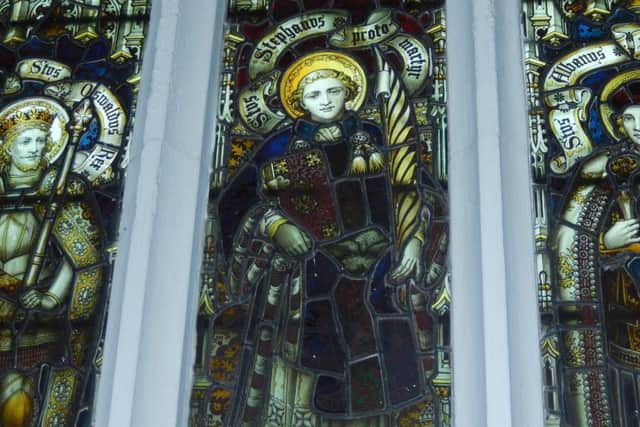 The memorial window at All Saints' Church, Misterton, which shows St Oswald (the saintly king of Northumbria), St Stephen (the first Christian martyr), and St Alban (the first British Christian martyr)