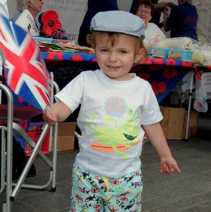 VE Day celebrations held outside Worksop Town Hall, Organised by Worksop Royal British Legion NWGU 8-5-15 VE, Flying the flag, Morgan Carratt (22 months) ( 10)