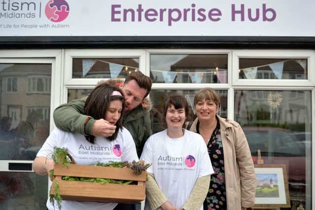 Celebrity chef Mark Lloyd met service users at East Midlands Autism Enterprise Hub, Mark is pictured with chief executive Jane Howson and Hannah and Rachel
