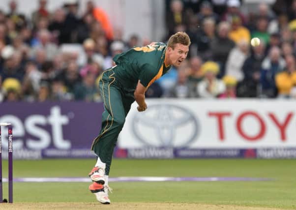 Jake Ball following through during the NatWest T20 Blast match between the Outlaws and the Bears at Trent Bridge, Nottingham on 15 May 2015.  Photo: Simon Trafford