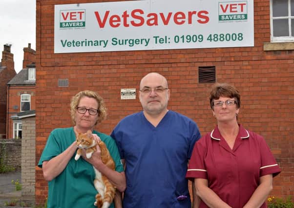 Staff at Vet Savers have treated cats who have been shot with air rifles, pictured are from left head nurse Suzhy Winfield, Vet V Teodoru and receptionist Carol McClean