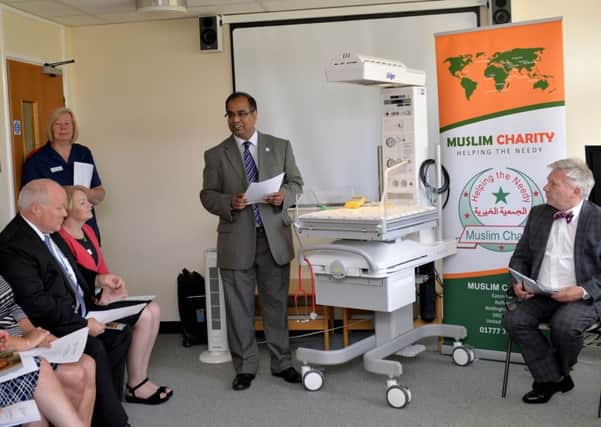 Handing over of resuscitaire unit to Bassetlaw Hospital Maternity Department from Muslim Charity, pictured speaking is fundraising manager Mr Sohail Agha