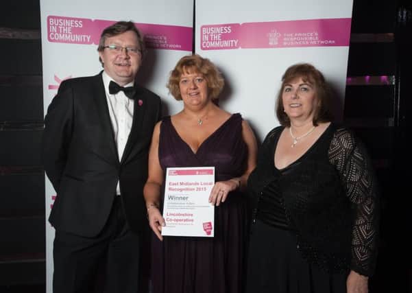 Award Catergory: Employee Volunteering Business - winner Lincolnshire Co-op with Andrew Bacon (Prince's Ambassador, left). The BITC Responsible Business Gala Dinner, at Athena, Leicester, 25 June 2015 .