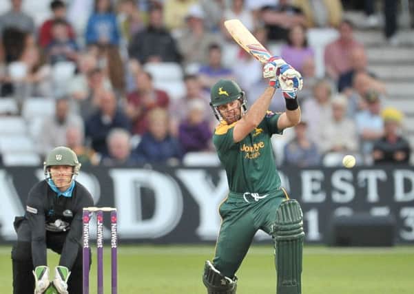 Dan Christian powers down the ground during the NatWest T20 Blast match between the Outlaws and the Rapids at Trent Bridge, Nottingham on 3 July 2015.  Photo: Simon Trafford