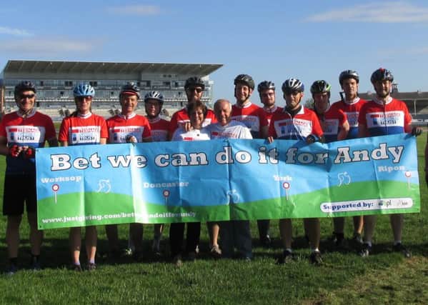 The charity riders at Ripon raceourse after their journey in memory of Andrew Ellis