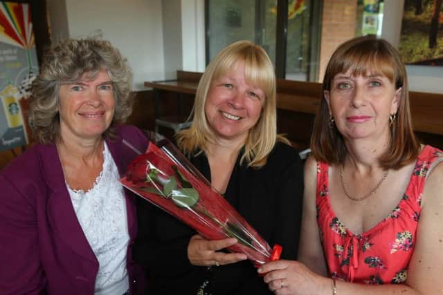 NWGU - Guardian Rose Janet Buckley has been nominated for a Guardian Rose by Liz Langley. L>R Joy Sweeney (Lady who got Janet to Starbucks), Janet Buckley, Liz Langley