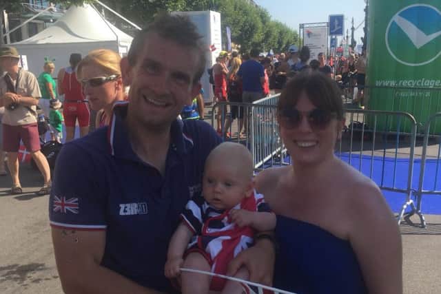 Pete Shuttleworth with son Albie and wife Gemma in Geneva