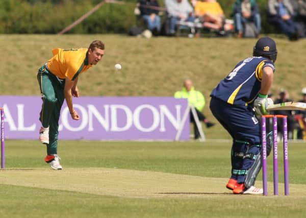 Notts Outlaws local lad  Jake Ball bowls to Warwickshire's Ian Bell- Pic by: Richard Parkes