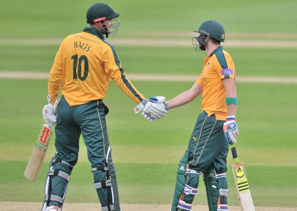 Fifty opening partnership between Alex Hales and Riki Wessels during the Royal London One-Day Cup Quarter Final match between the Outlaws and Durham at Trent Bridge, Nottingham on 25 August 2015.  Photo: Simon Trafford