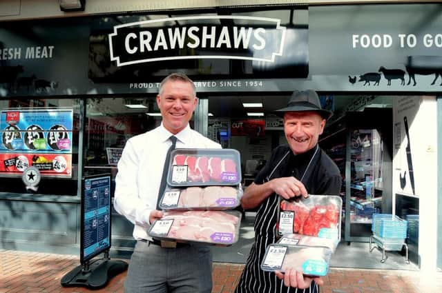 Feature pics of Crawshaws Butchers new shop at Worksop, on their open day NWGU 3-9-15 Crawshaws, Russ Davies Area Director (left) & Store Manager Steve Maxfield (3 & 4